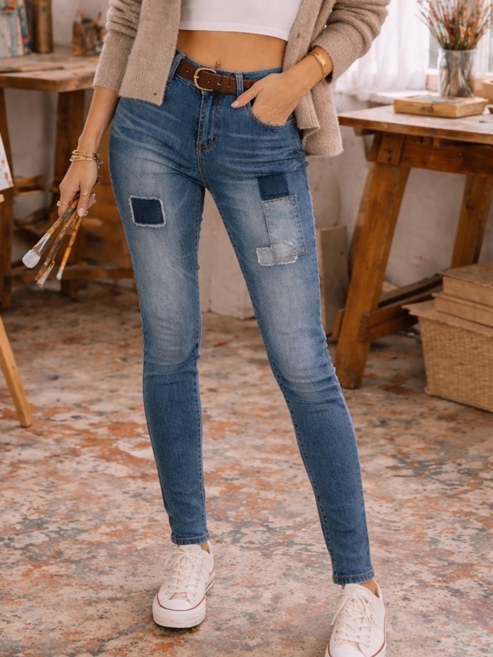 Cabi Slim Boyfriend Jeans Patchwork Stretch Denim Size 6